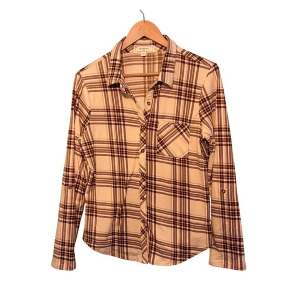 No Comment Plaid Flannel‎ Button Down Shirt Cream Brown Lightweight Stretch Knit